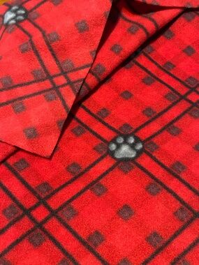 Dog puppy cat kitty paws red print fleece fabric plaid 23” x 105”